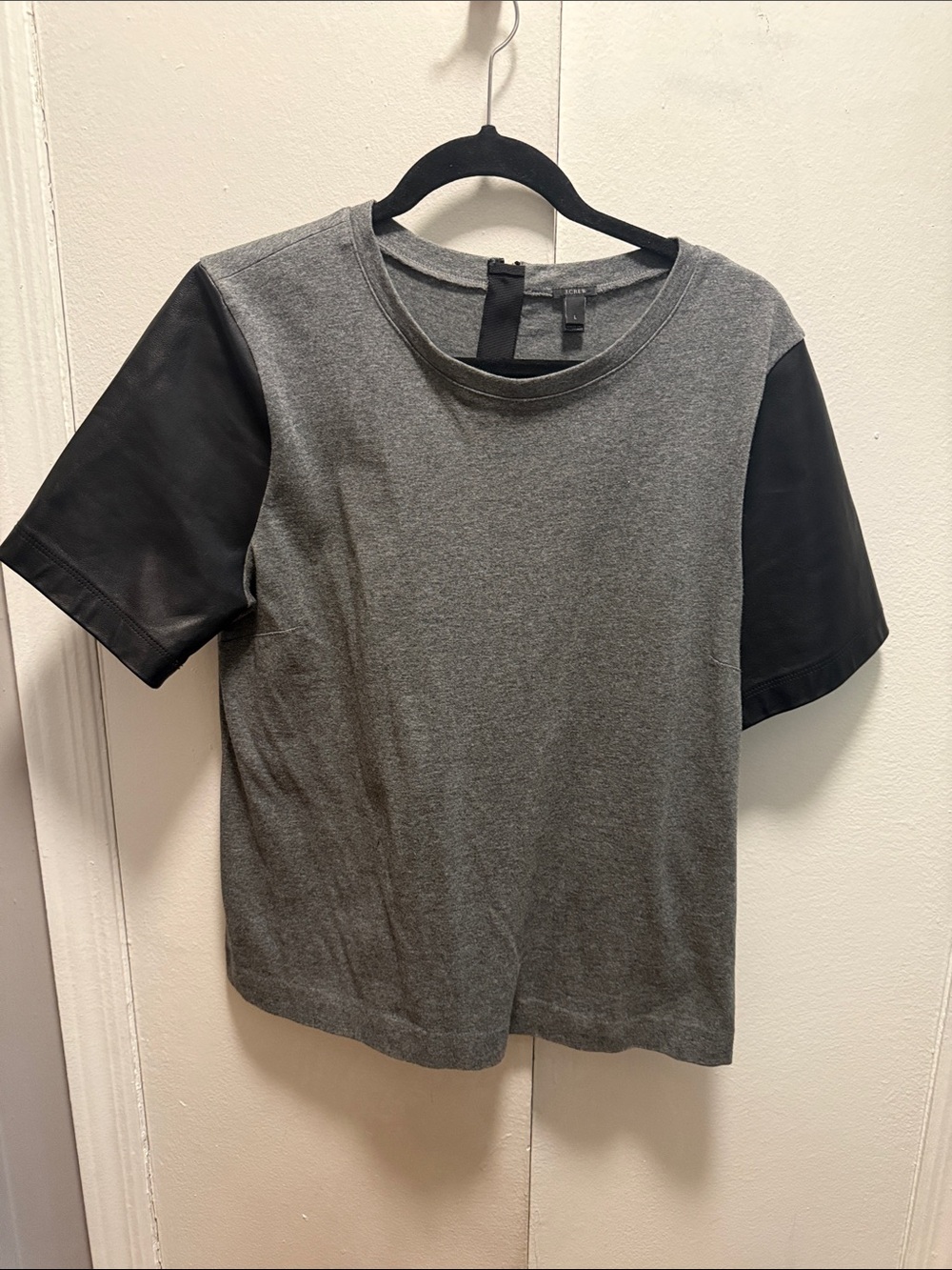 J. Crew Gray Tee with Black genuine Leather Short Sleeves